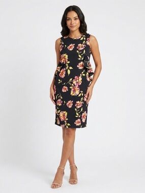 Who What Wear, Black Midi Dress with Pink & Yellow Floral Print - M